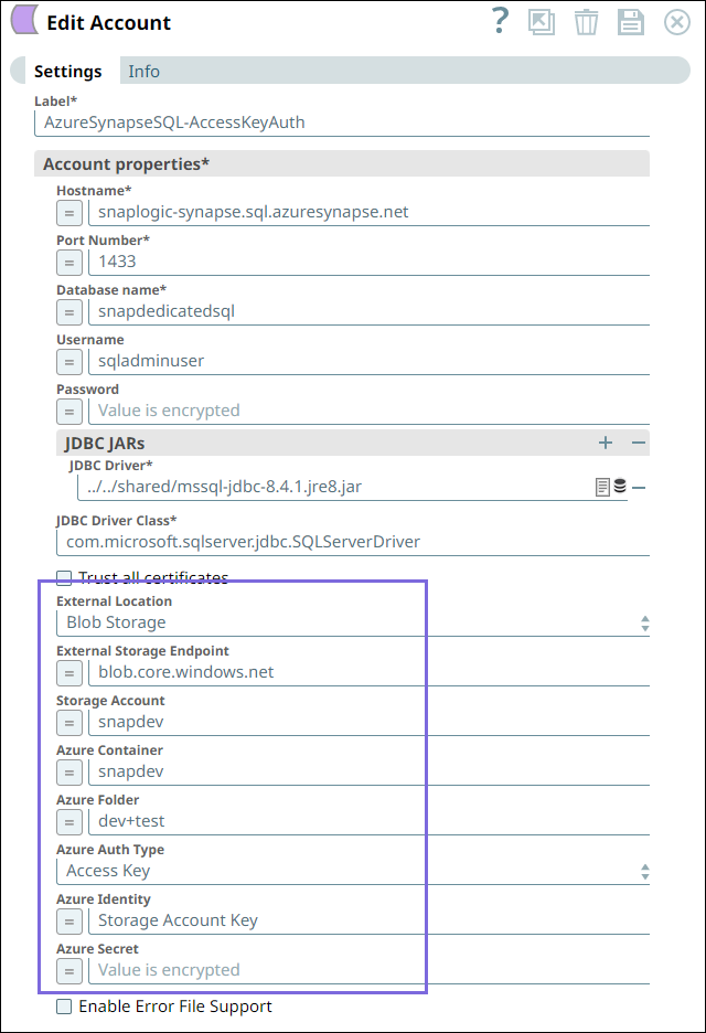Azure Synapse SQL Blob Configuration Settings