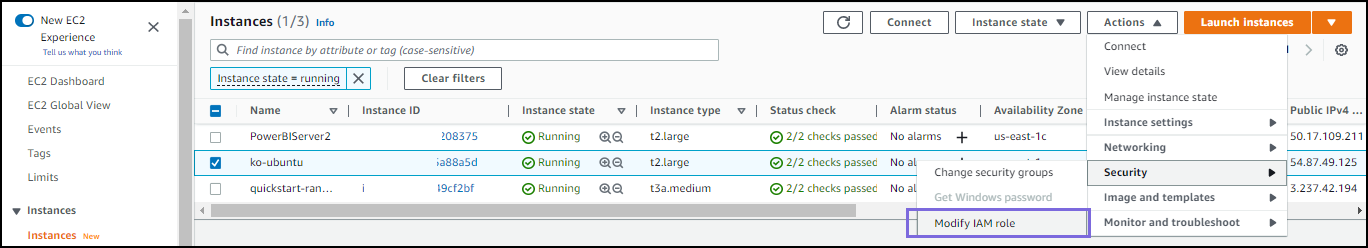 Modify IAM role from Actions menu