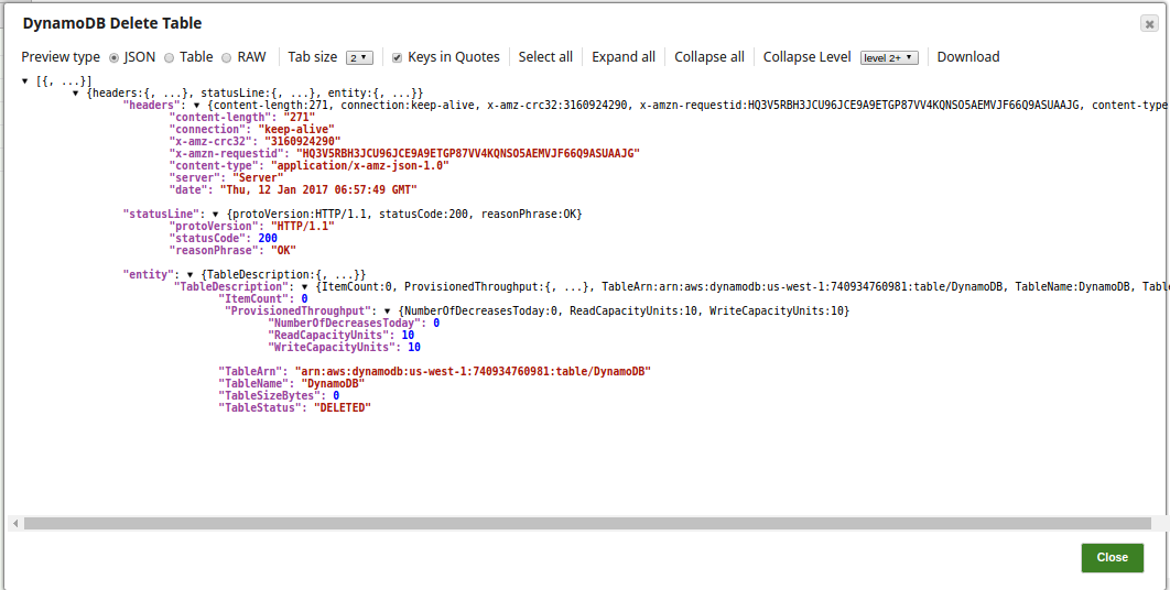 Delete table output showing deleted status