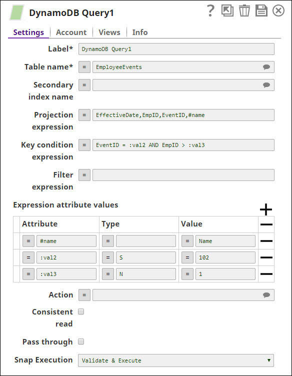 DynamoDB Query Snap configuration for table query