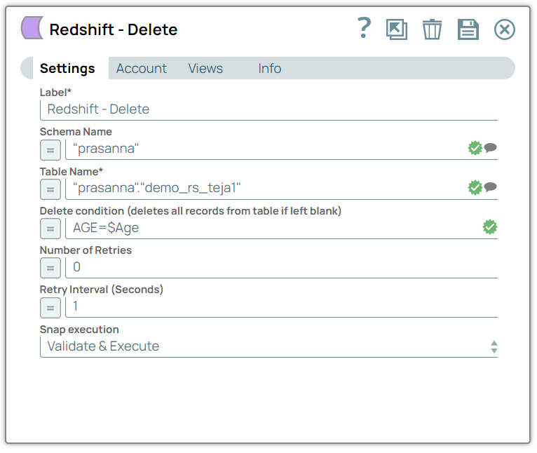 Redshift Delete Snap configuration