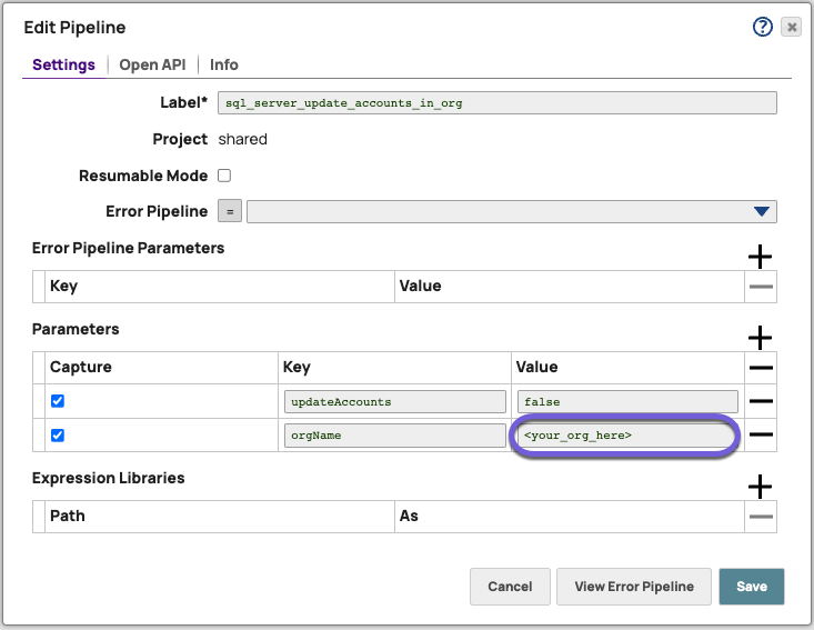 Pipeline settings highlighting that you need to add your Org under Parameters