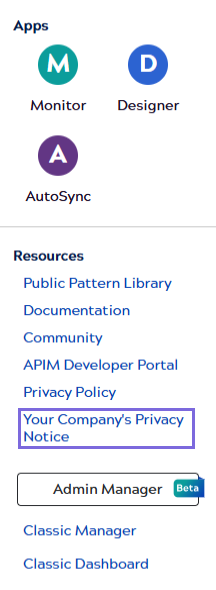 GDPR link in app menu