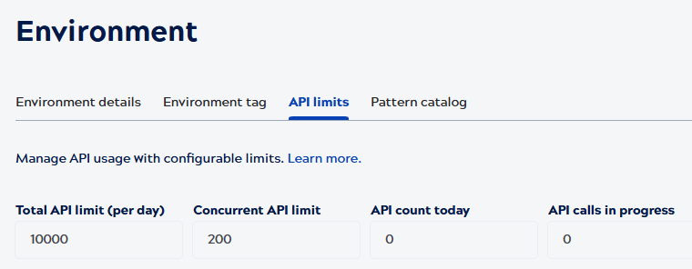 API limits tab