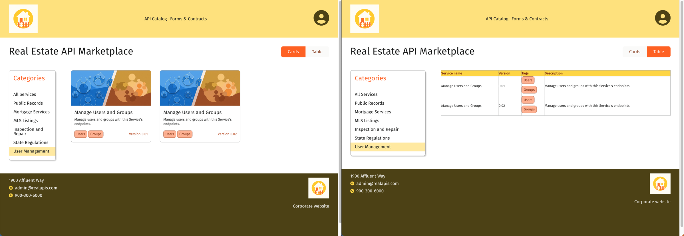 Comparison of the card and table catalog views