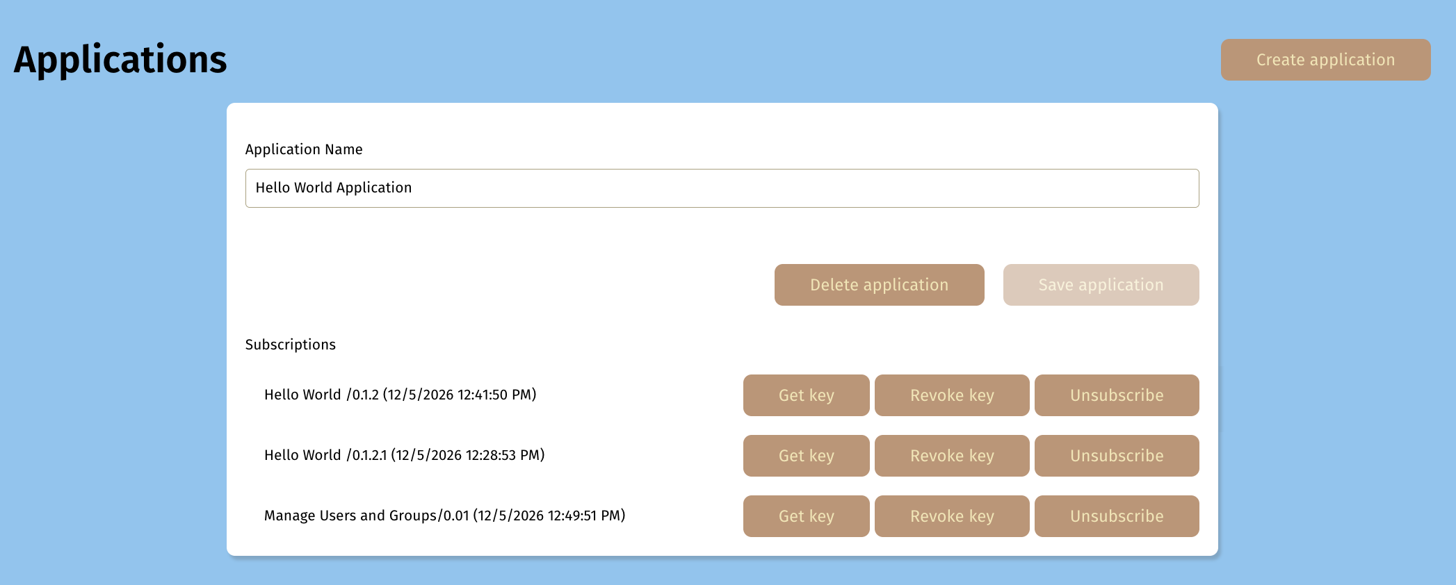 Applications management page