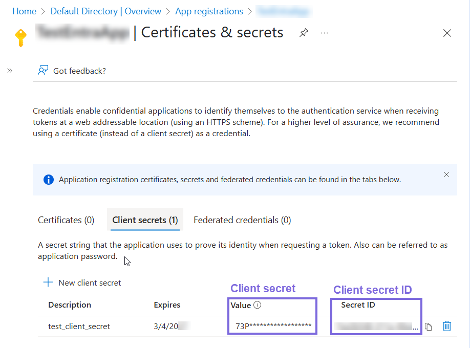 Client secret values of the newly registered app