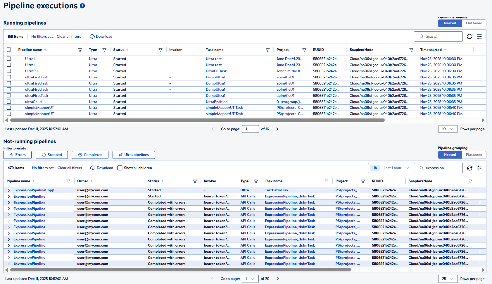 Pipeline executions table