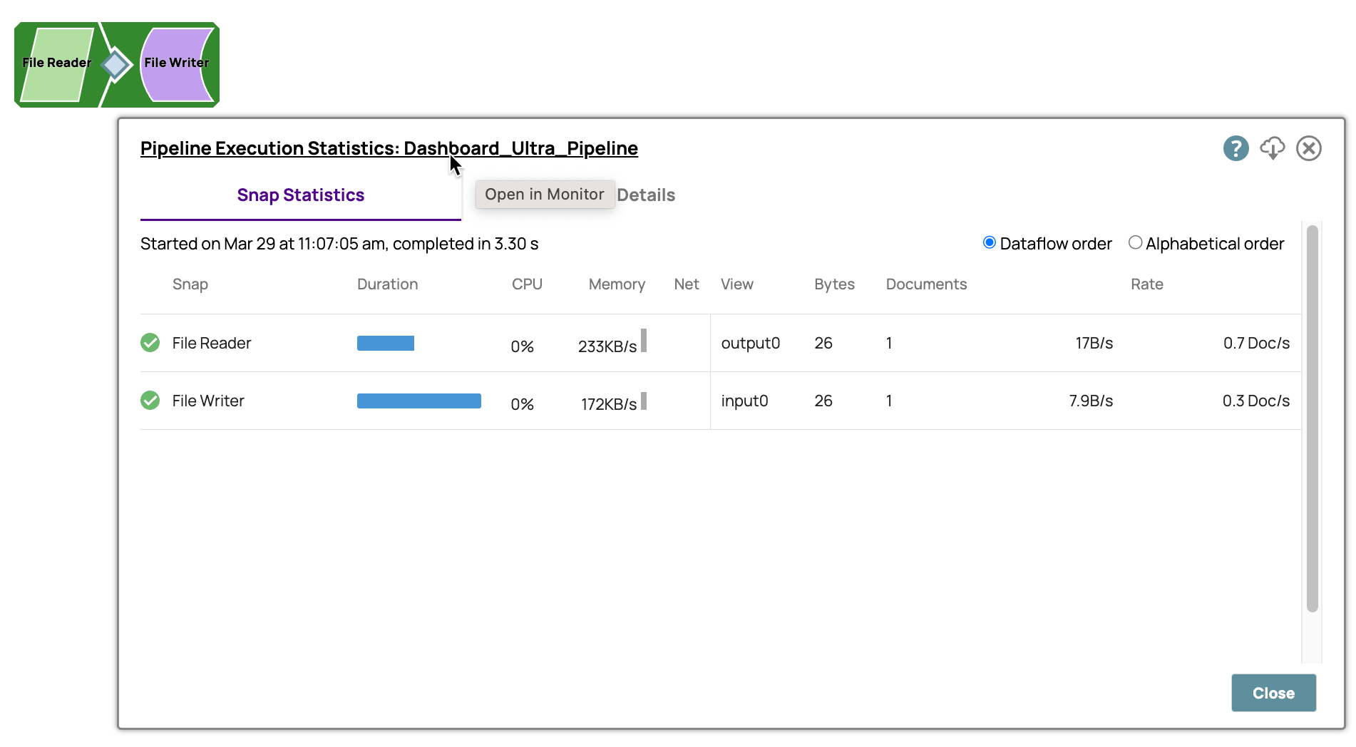 Open Monitor from pipeline statistics in Designer.
