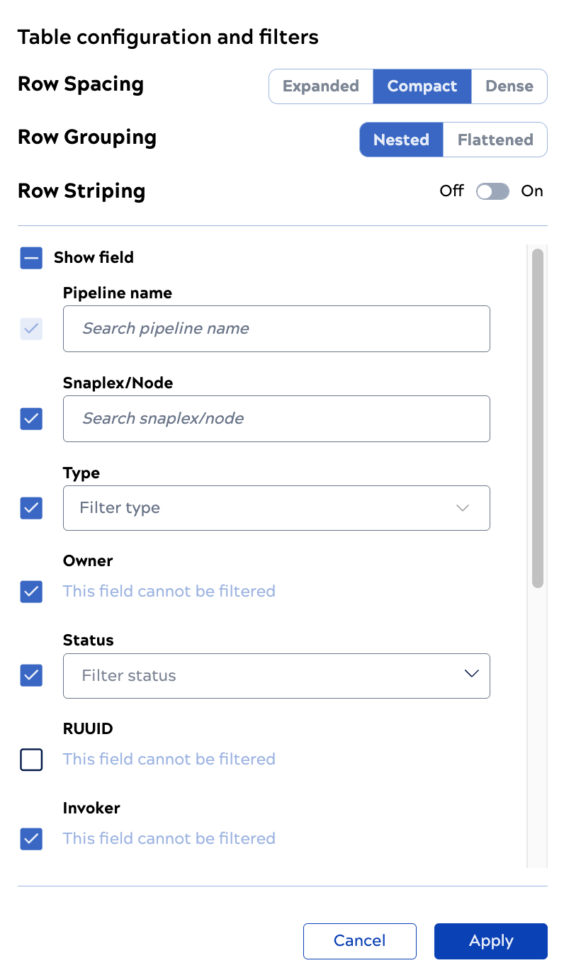 Table configuration and filters