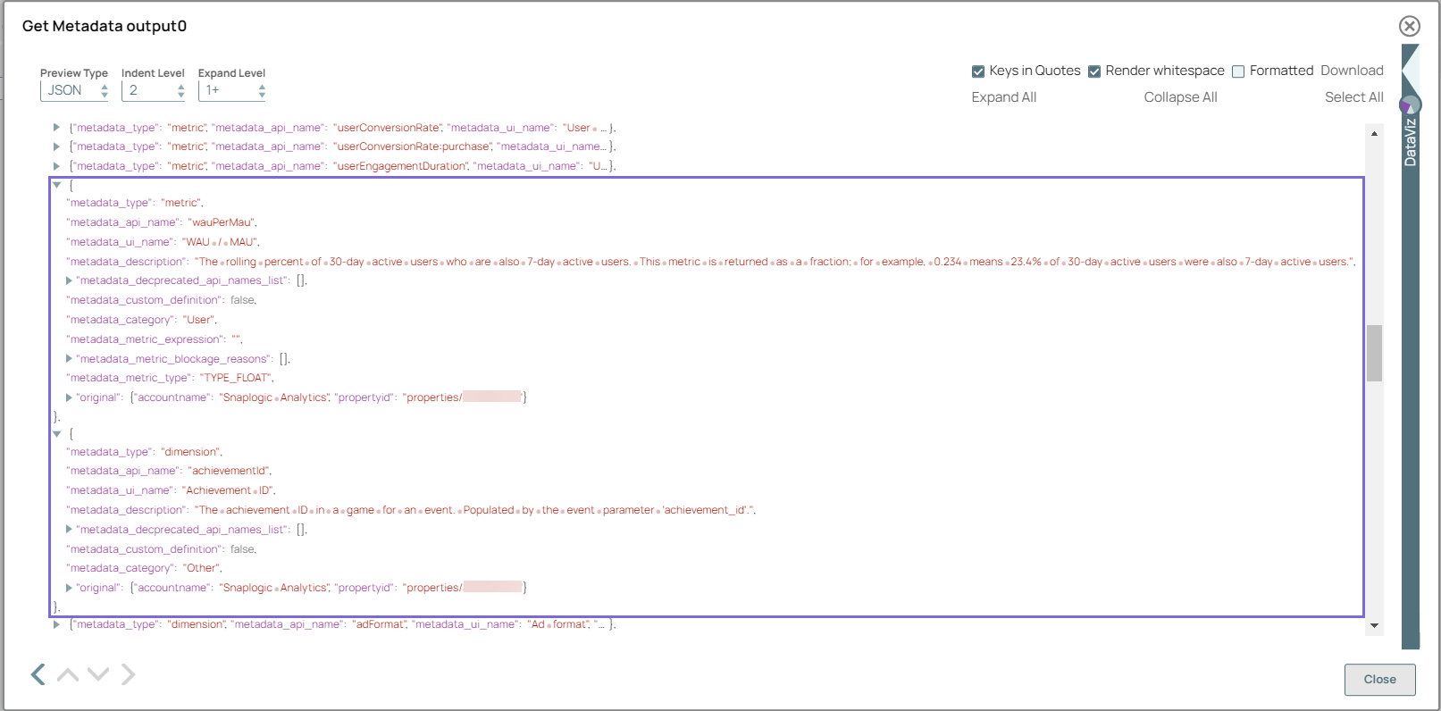 Get Metadata Snap output