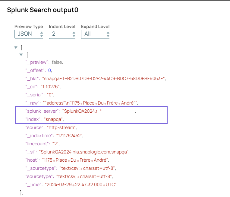 Splunk Search Snap output