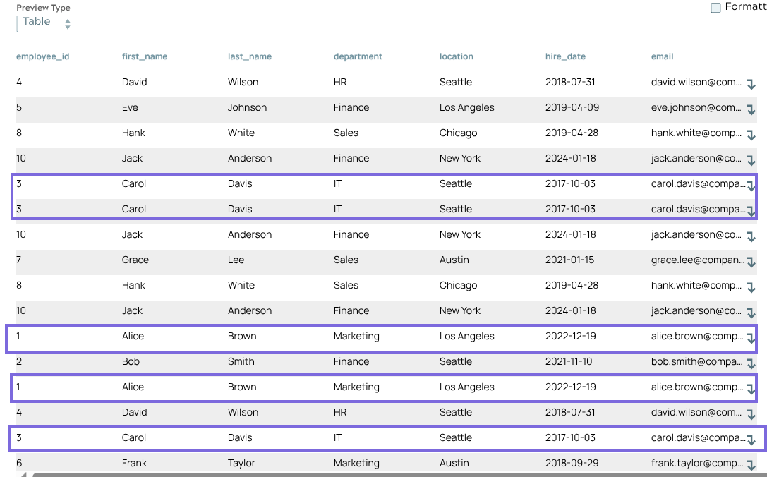 CSV with duplicate employee records