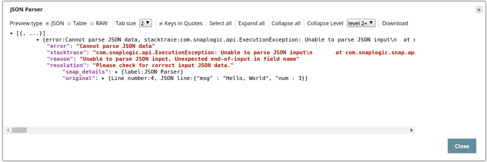 Invalid JSON line in error view