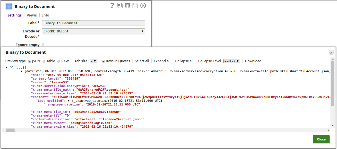 Binary to Document Snap configuration