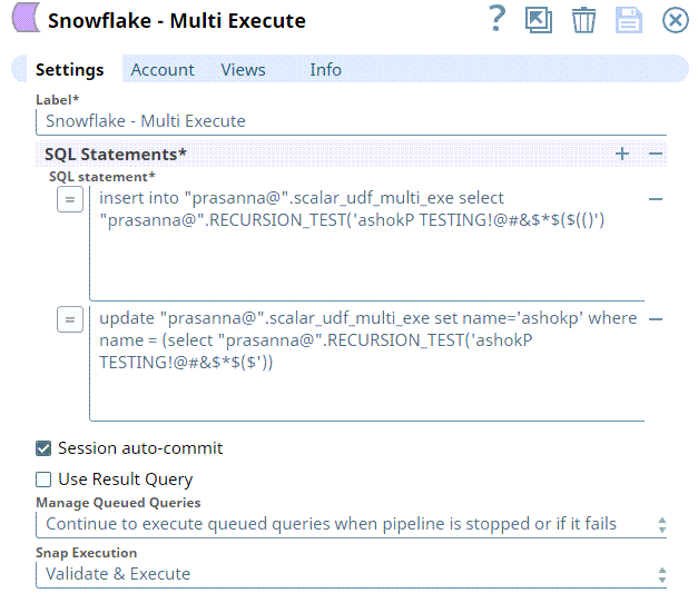 Snowflake Multi Execute Settings