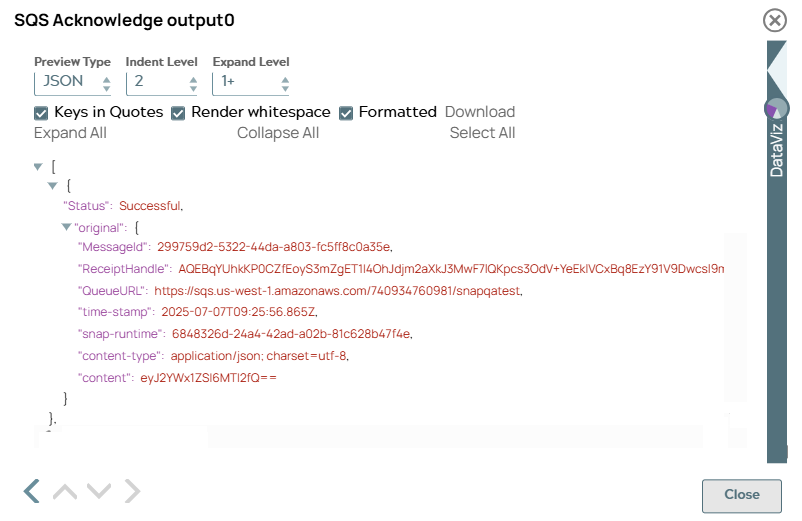 SQS Acknowledge Snap output