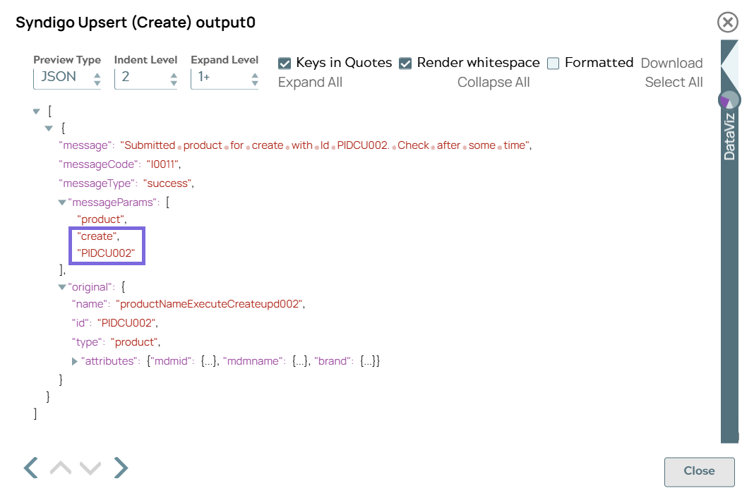 Syndigo Upsert Snap output