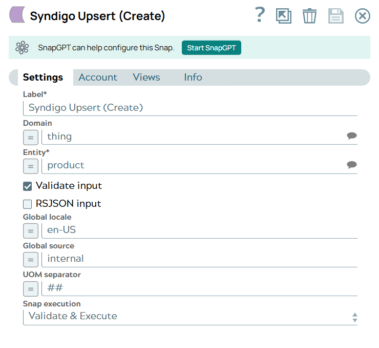 Syndigo Upsert Snap to create entity