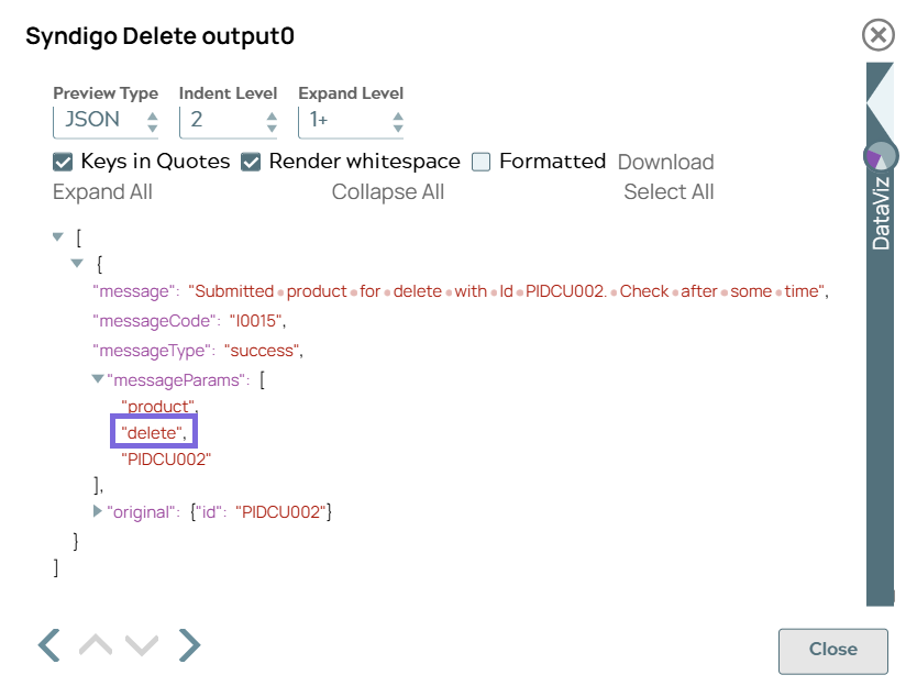 Syndigo Upsert Snap output for delete entity
