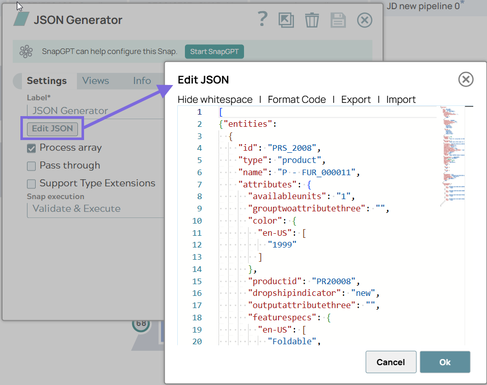 Copy data to JSON Generator's editor