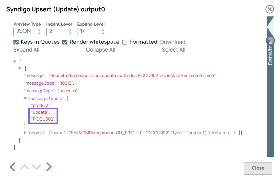 Syndigo Upsert Snap output