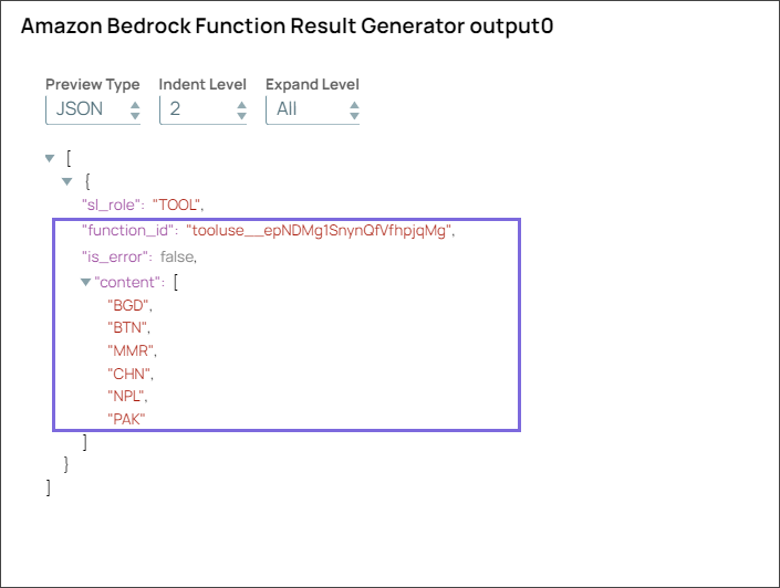 Amazon Bedrock Function Result Generator Snap output