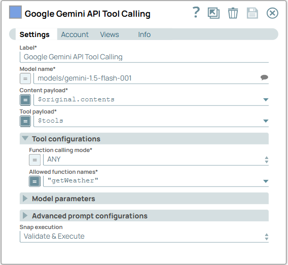 Google Gemini API Tool Calling Snap configuration