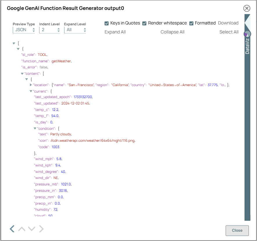 Google GenAI Function Result Generator Snap output