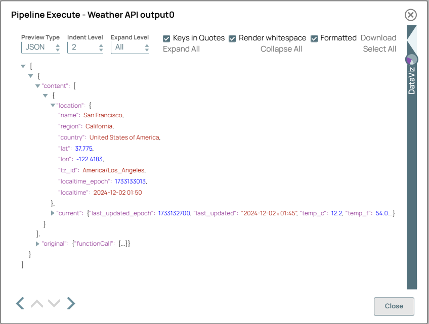 Pipeline Execute Snap output