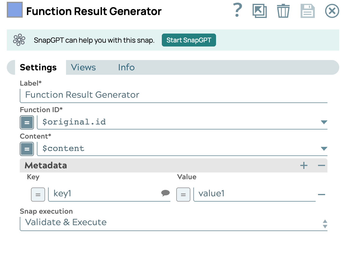 Function Result Generator Snap dialog