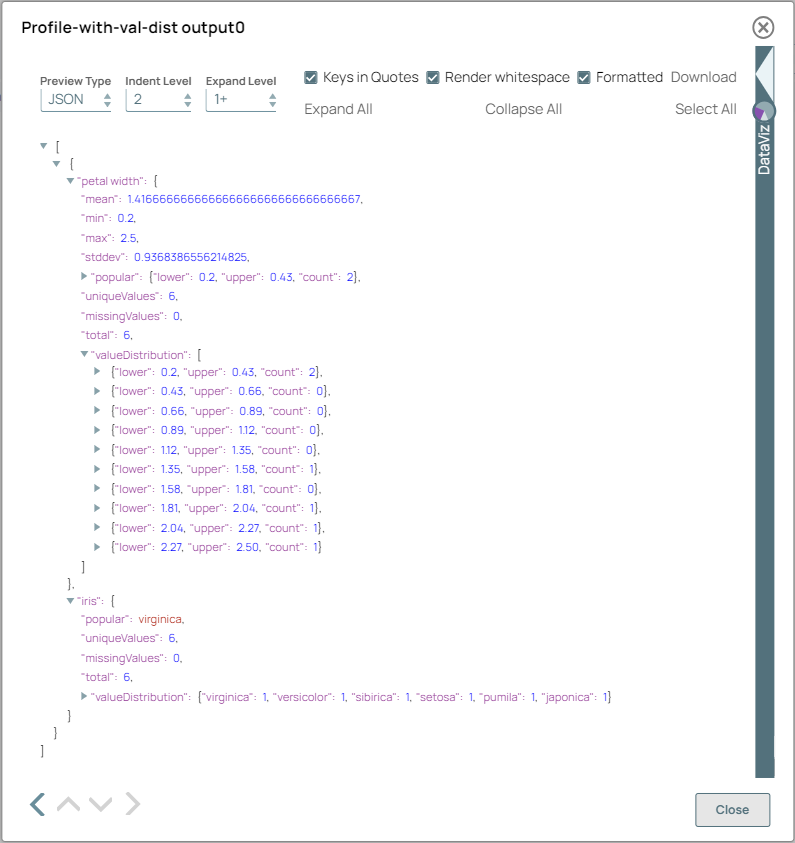 ML Analytics Profile Snap (with Value distribution) output