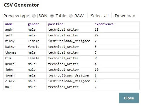 CSV Generator Input Data