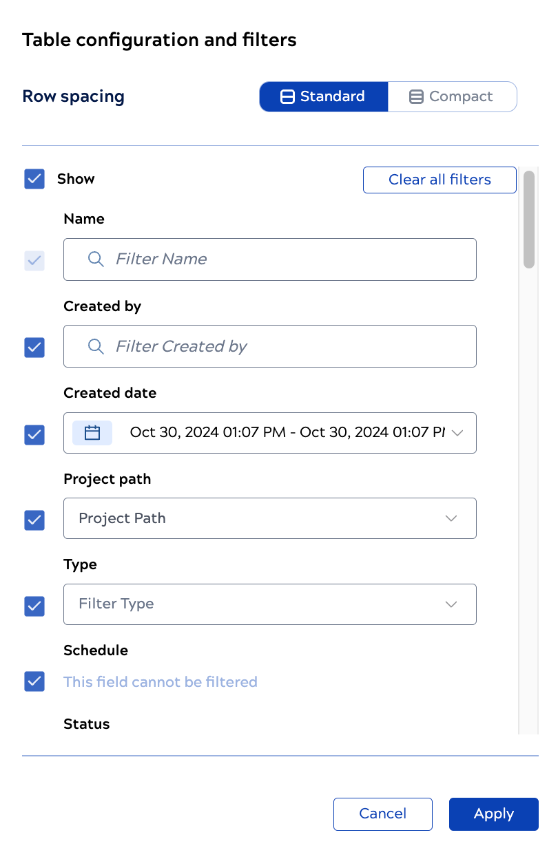 Asset catalog table configuration and filters menu