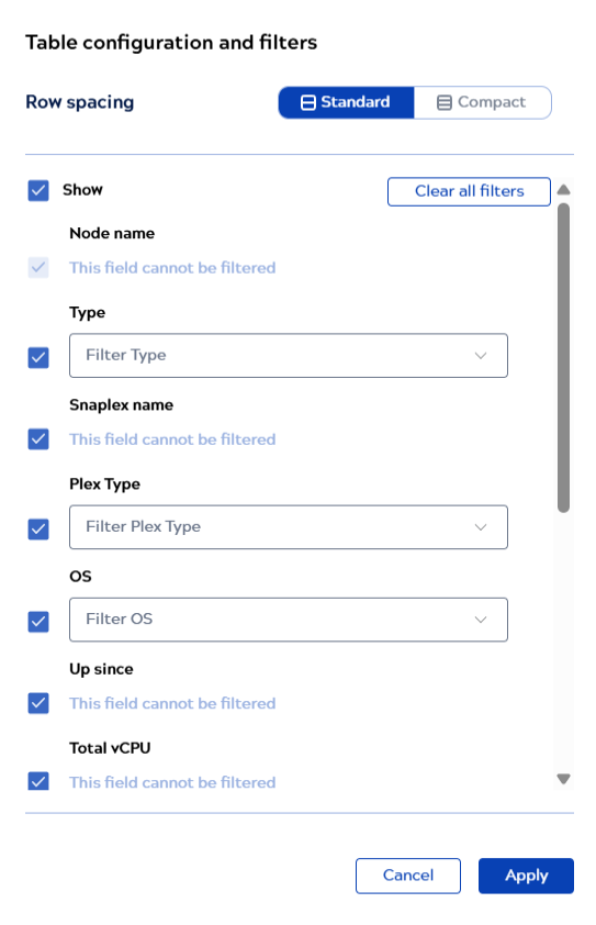 Table configuration and filters