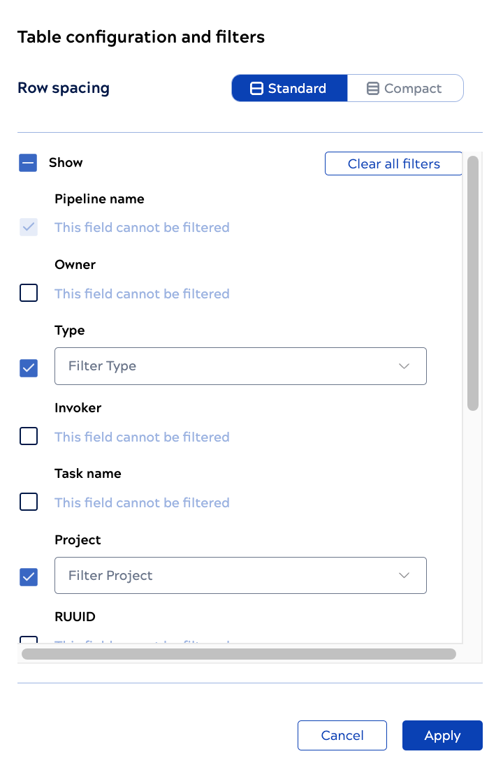 Table configuration and filters