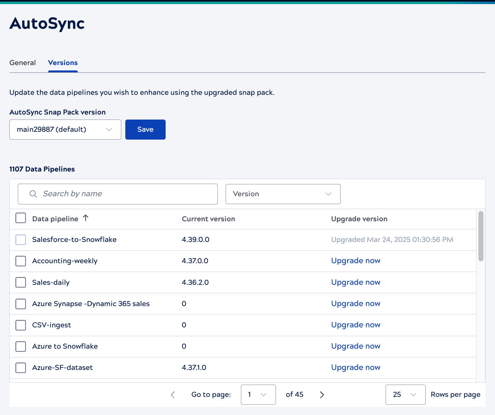 AutoSync Snap Pack version settings