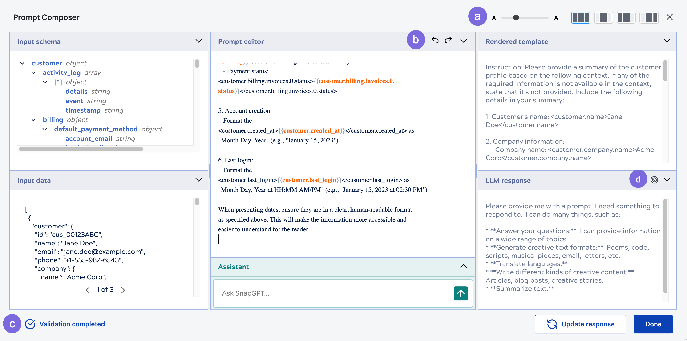Prompt Composer console with callouts.
