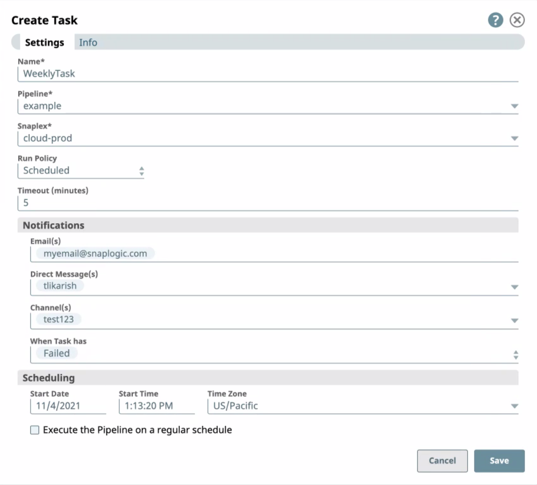Create Task Settings