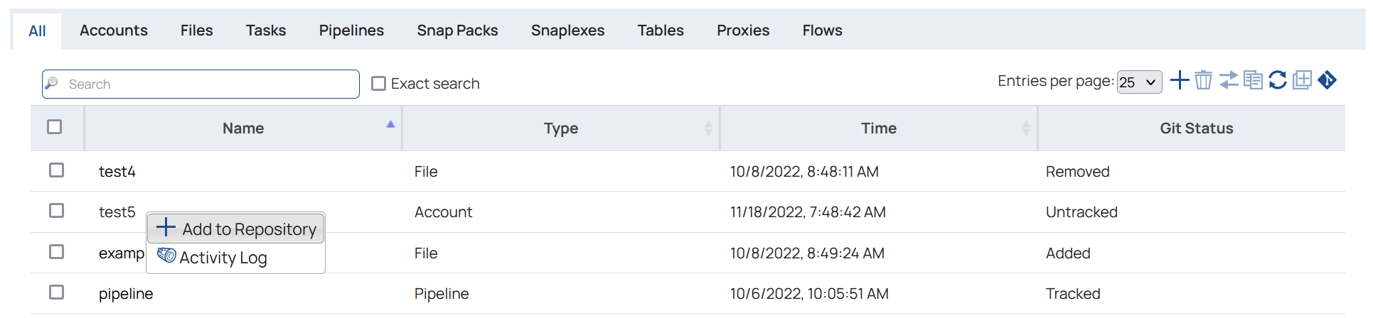 Asset table - asset menu - Add to Repository