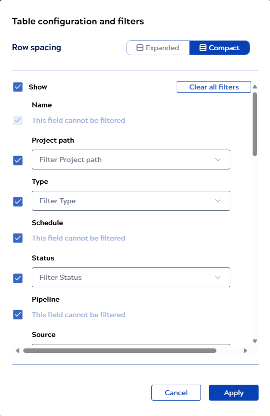 Asset catalog table configuration and filters menu