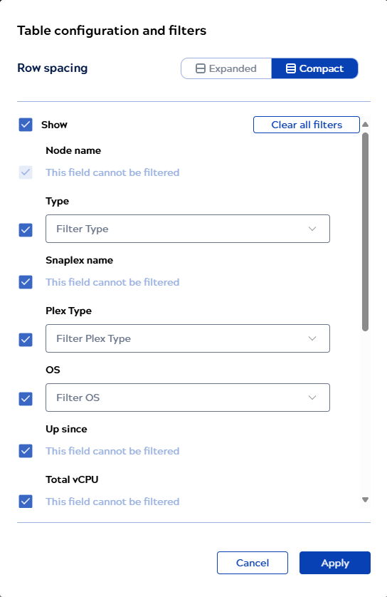 Table configuration and filters