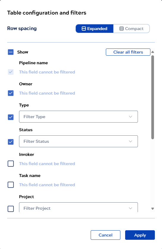 Table configuration and filters