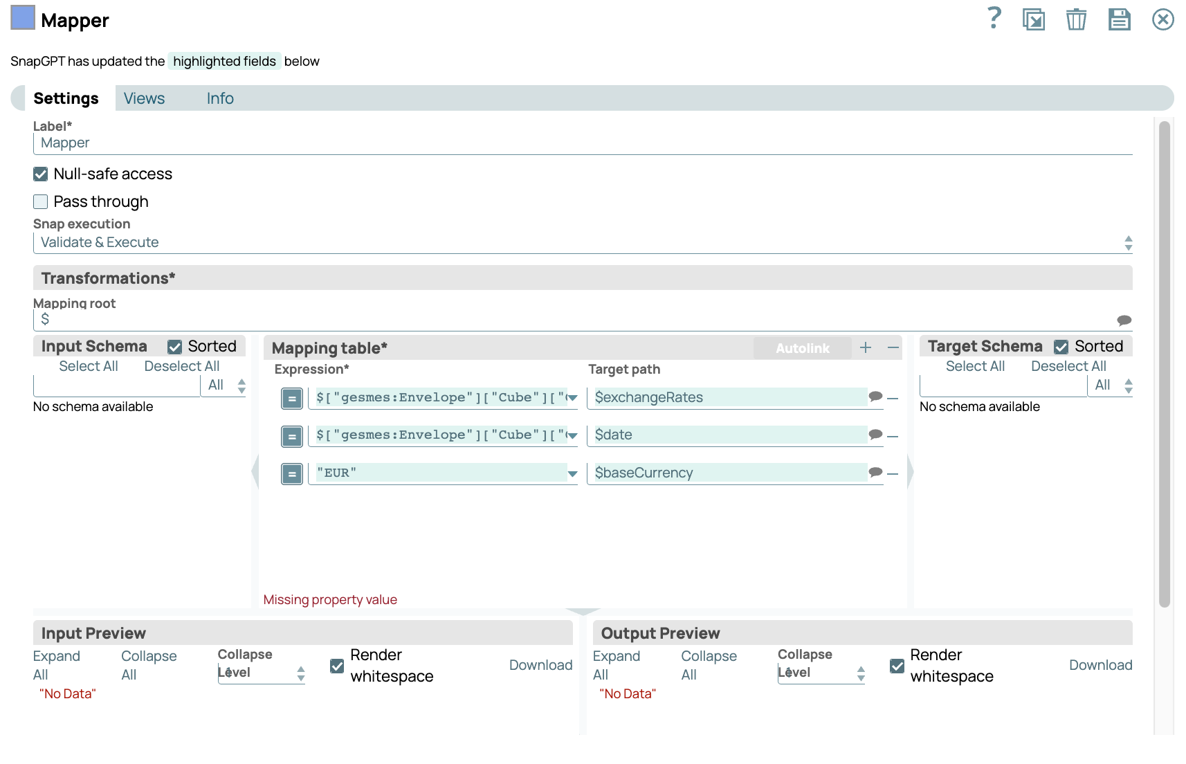 Updated Mapping table in the Mapper Snap