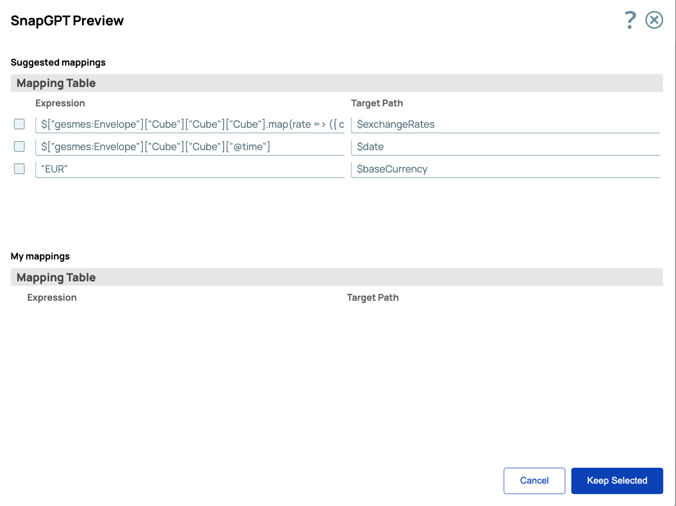Preview of auto-generated mappings