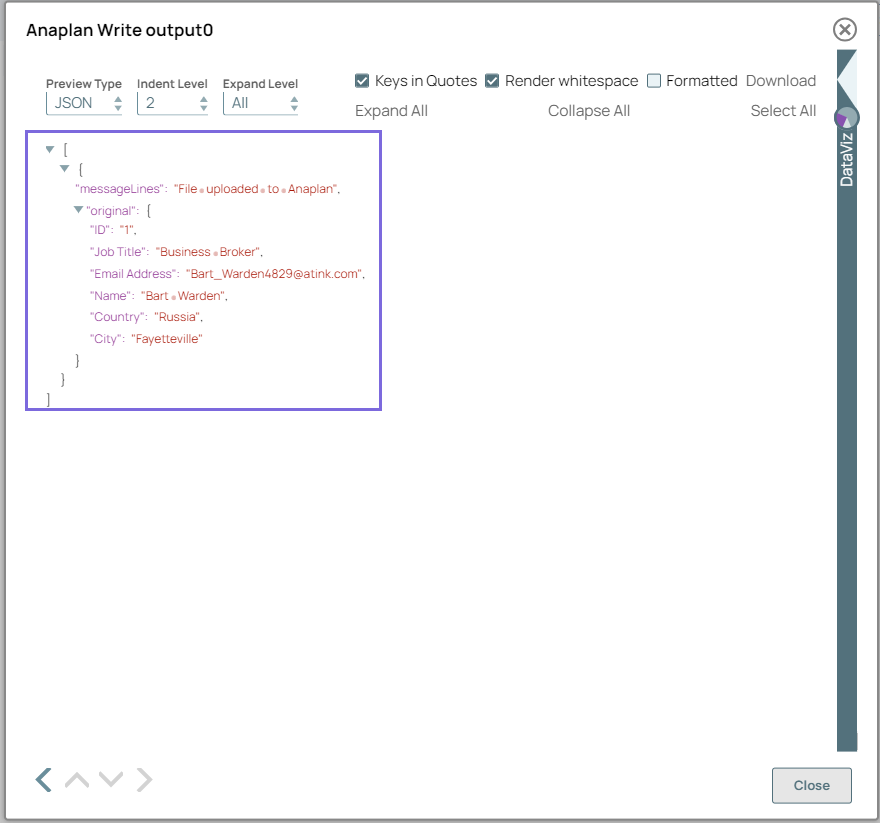 Anaplan Write output