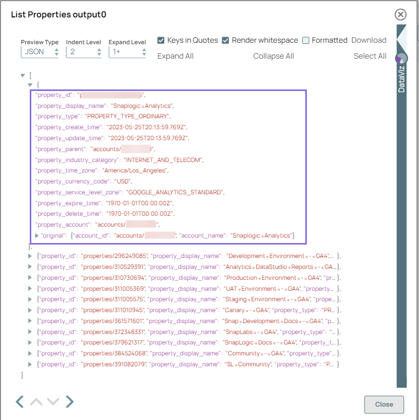 List Properties Snap output