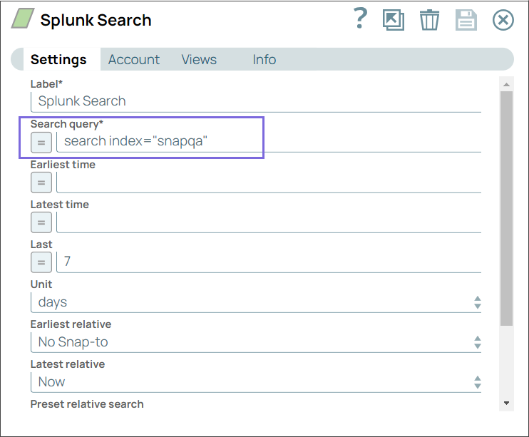 Splunk Search Snap configuration