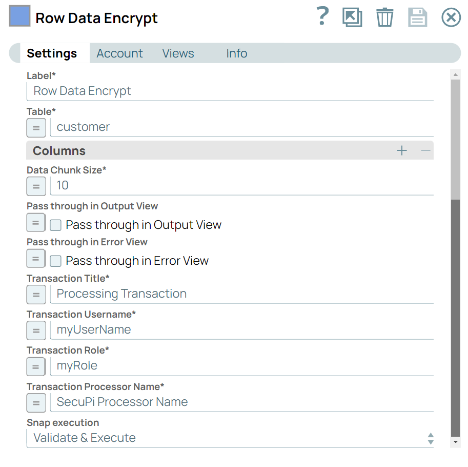 Row Data Encrypt Settings dialog