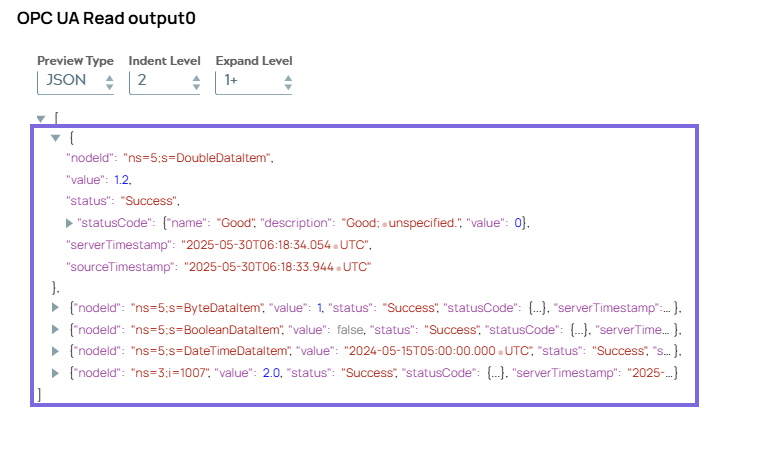 OPC UA Read Snap output